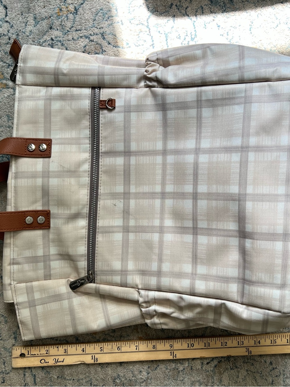 thirty-one Neutral Plaid Backpack with Brown Trim